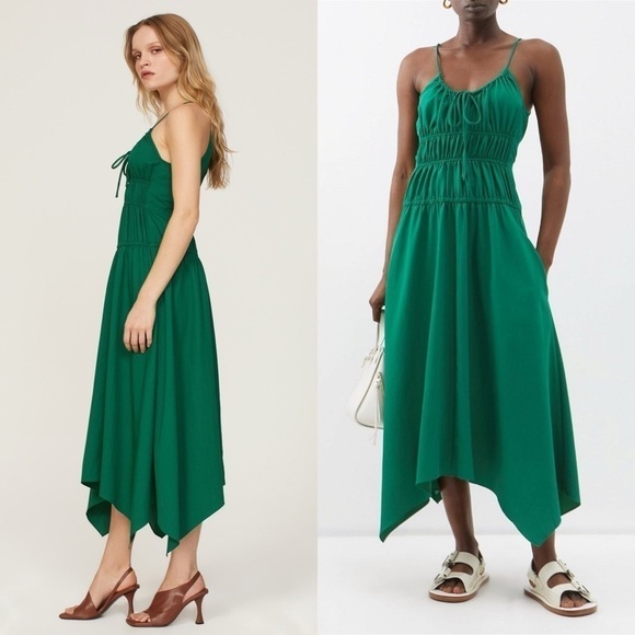 PROENZA SCHOULER Emerald Crepe Ruched Smocked Tie Front Sleeveless Midi Dress 10 - Picture 4 of 16